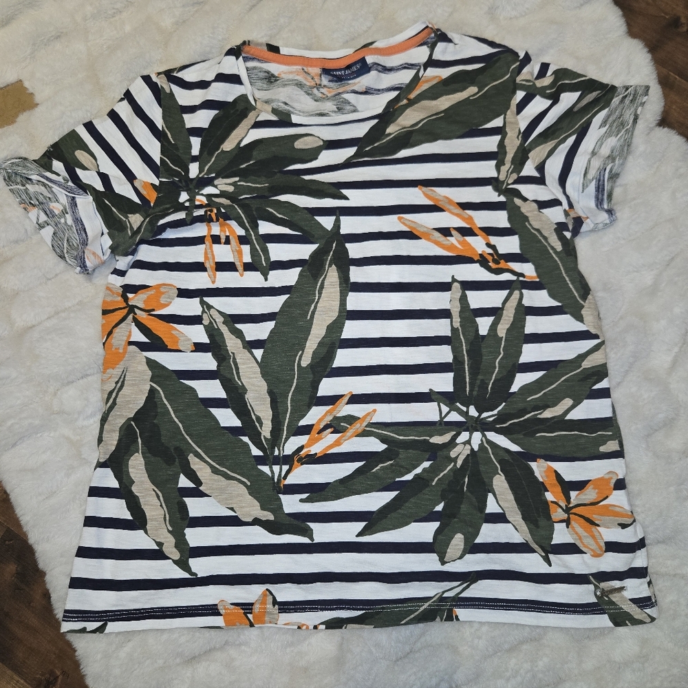 Saint James Tropical Floral Tee-Shirt [Small, Size 10] 100% Cotton DAMAGE